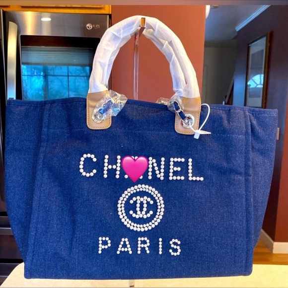 PURSE: Blue Cloth Tote Shoulder Bag w/Faux Pearl Detailing & Dust Bag NWTT